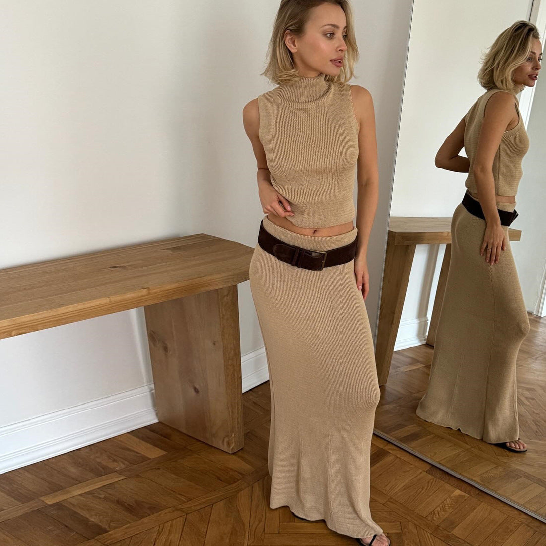 Eleganter Pullover Zweiteiler Ärmelloses Strickrollkragenweste Hoher Taillenrock Weibliche Feste Dünne Kleidersätze 2025 Neu 