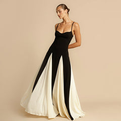 Contrast Color Suspender Maxi Evening Dress Women's With Lining Sexy Backless Splice Sleeveless Long Party Dress FemaleChristmas Gifts