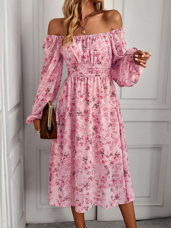 Vacation Loose Long Sleeves Floral Printed U-Neck Midi Dress