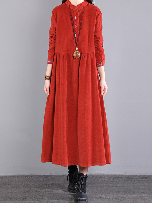 Vintage Corduroy Long Sleeves A-Line Embroidered Solid Round-Neck Midi Dresses