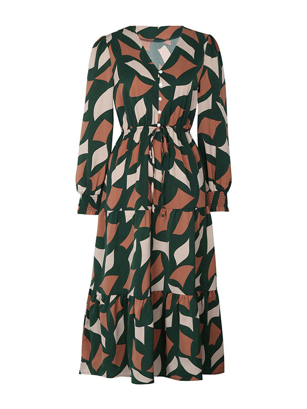 A-Line Long Sleeves Buttoned Elasticity Pleated Printed Split-Joint Tied Waist V-Neck Midi Dresses
