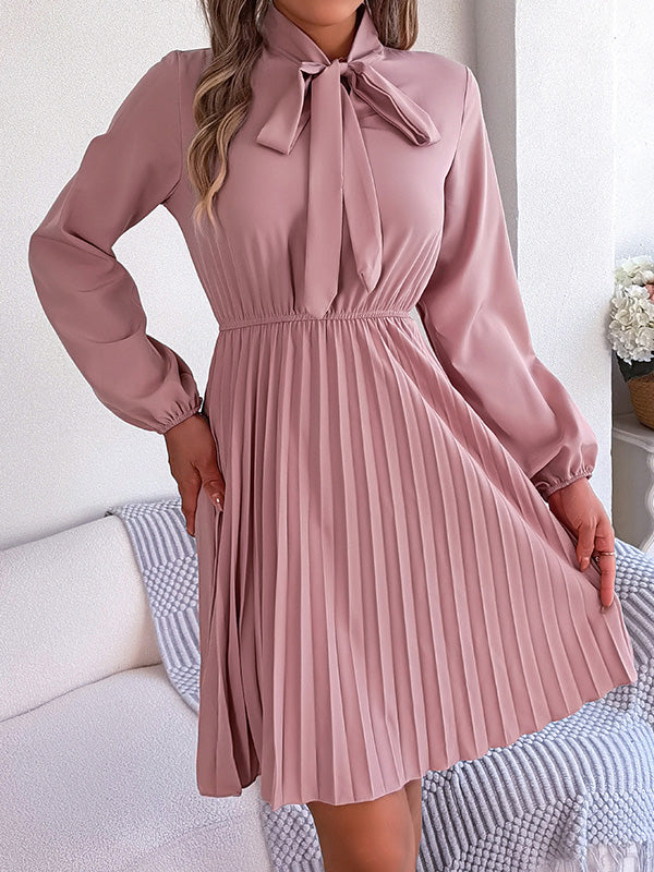 Pleated Solid Color Tied Long Sleeves Loose Mock Neck Mini Dresses