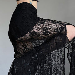 Side Slit Lace Skirts For Women 2024 Summer New See Through High Waist Skirt Ladies Black Casual Loose Sexy Skirts Woman