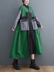 Vintage Loose Long Sleeves Contrast Color Polo Midi Dresses
