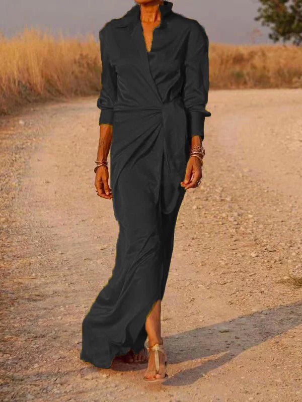 Long Sleeves Loose Solid Color Lapel Collar Maxi Shirt Dresses