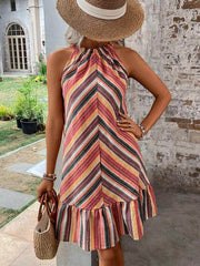 A-Line Loose Contrast Color Pleated Split-Joint Striped Halter-Neck Mini Dresses