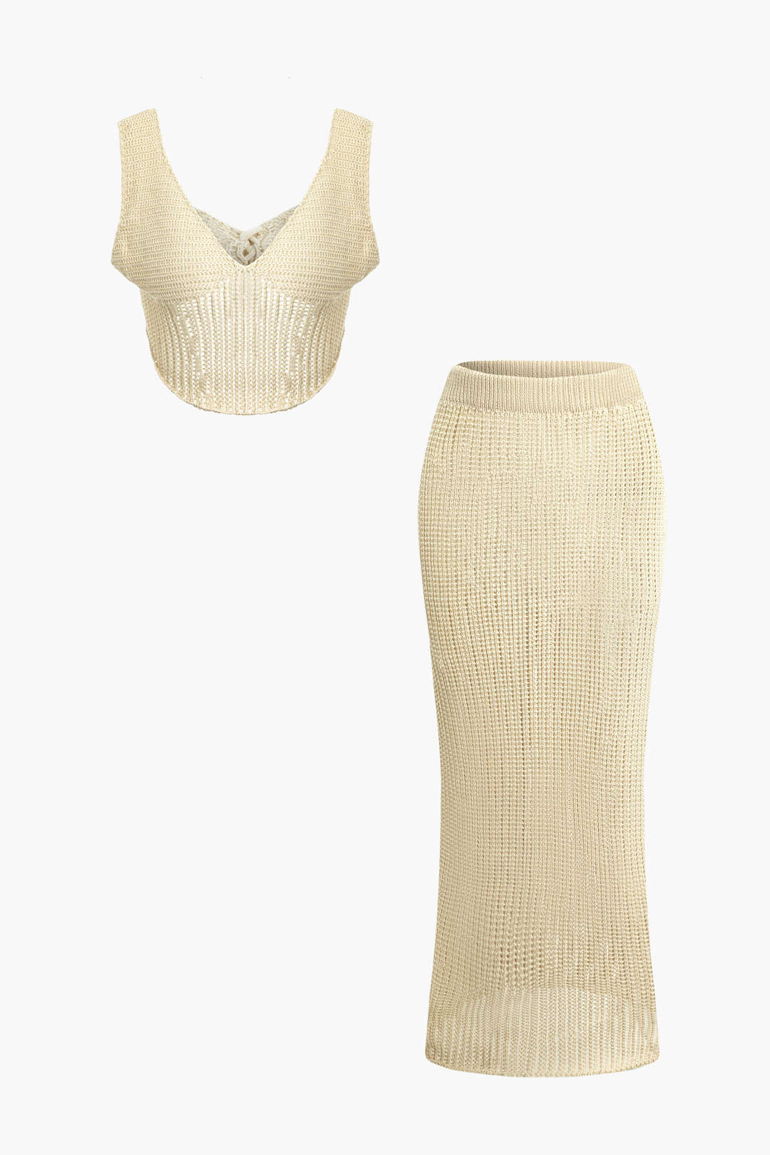 Set aus transparentem Strick-Tanktop mit V-Ausschnitt und Maxirock 