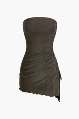 Asymmetrical Glitter Ruched Strapless Mini Dress