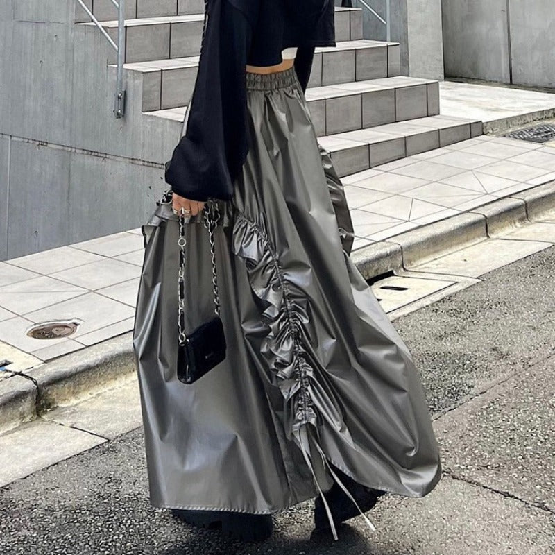 Retro A-Linien-Rock für Damen, hohe Taille, einfarbig, Kordelzug, plissierter Regenschirmrock, Streetwear, lässiger Y2k-Rock, weibliche Outfits 