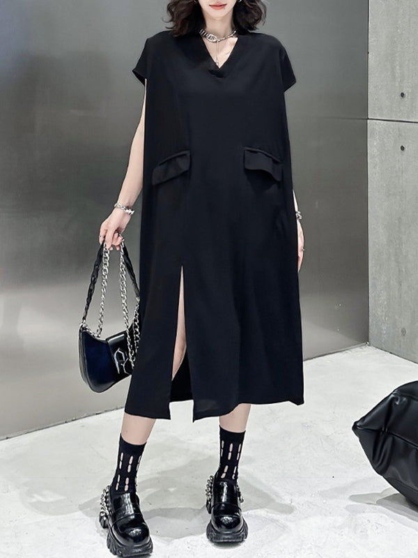 Loose Short Sleeves Asymmetric Solid Color Split-Joint Split-Side V-Neck Midi Dresses