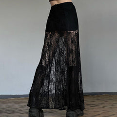 Side Slit Lace Skirts For Women 2024 Summer New See Through High Waist Skirt Ladies Black Casual Loose Sexy Skirts Woman