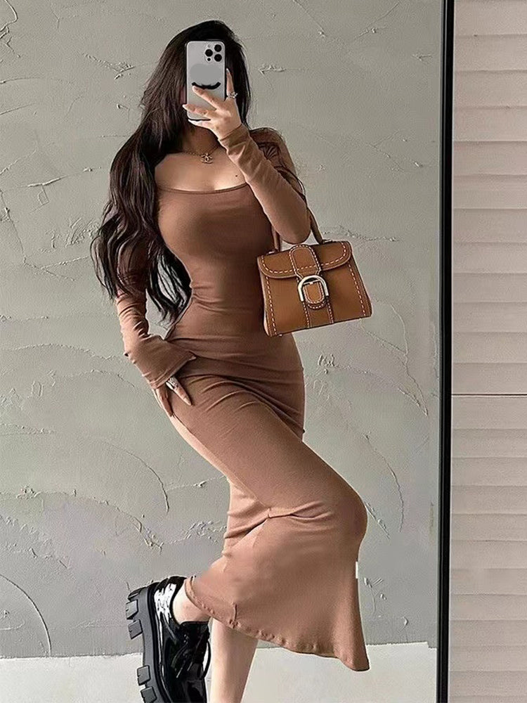 Ribbed Solid Long Sleeve Square Neck Skinny Bodycon Dress Women Autumn Sexy Evening Party Elegant Vestido Ladies Long Dresses