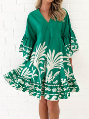 Flower Print Pleated Split-Joint A-Line Flared Sleeves V-Neck Mini Dresses