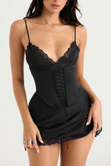 Camisole-Minikleid mit Spitzenschnürung vorne und V-Ausschnitt