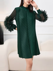 Long Sleeves Loose Embroidered Pleated Solid Color Round-Neck Midi Dresses
