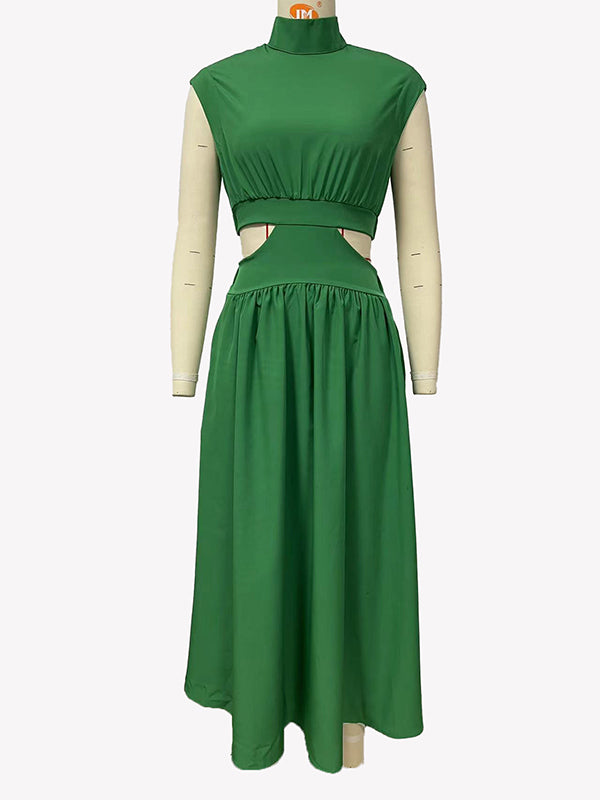 Belly-Hollow Pleated Solid Color Cap Sleeve Stand Collar Maxi Dresses