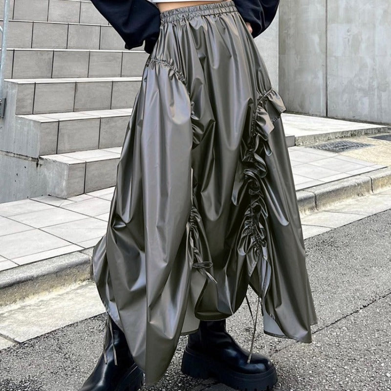 Retro A-Linien-Rock für Damen, hohe Taille, einfarbig, Kordelzug, plissierter Regenschirmrock, Streetwear, lässiger Y2k-Rock, weibliche Outfits 
