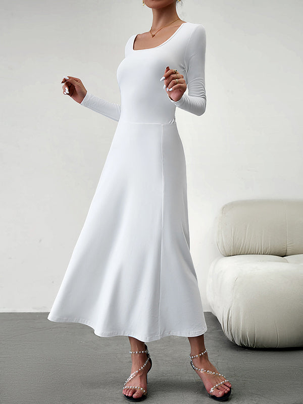 A-Line High Waisted Solid Color Tied Waist U-Neck Midi Dresses