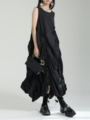 Asymmetric Elasticity Pleated Solid Color Loose Sleeveless Round-Neck Midi Dresses