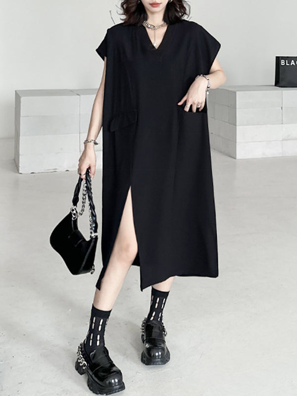 Loose Short Sleeves Asymmetric Solid Color Split-Joint Split-Side V-Neck Midi Dresses