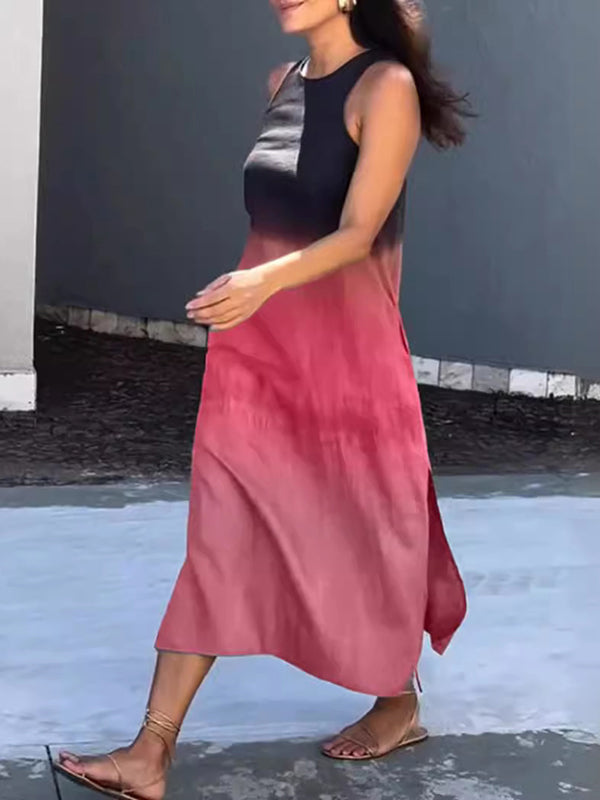 Gradient Split-side High Waisted Loose Round-neck Midi Dresses