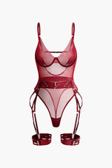 Sheer Mesh Belted Backless Bodysuit With Glove