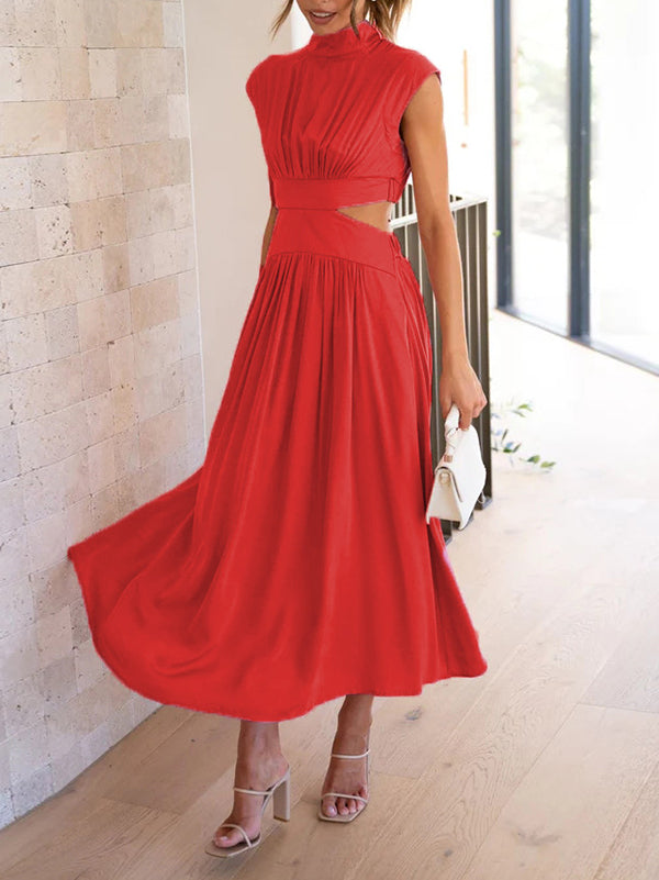 Belly-Hollow Pleated Solid Color Cap Sleeve Stand Collar Maxi Dresses