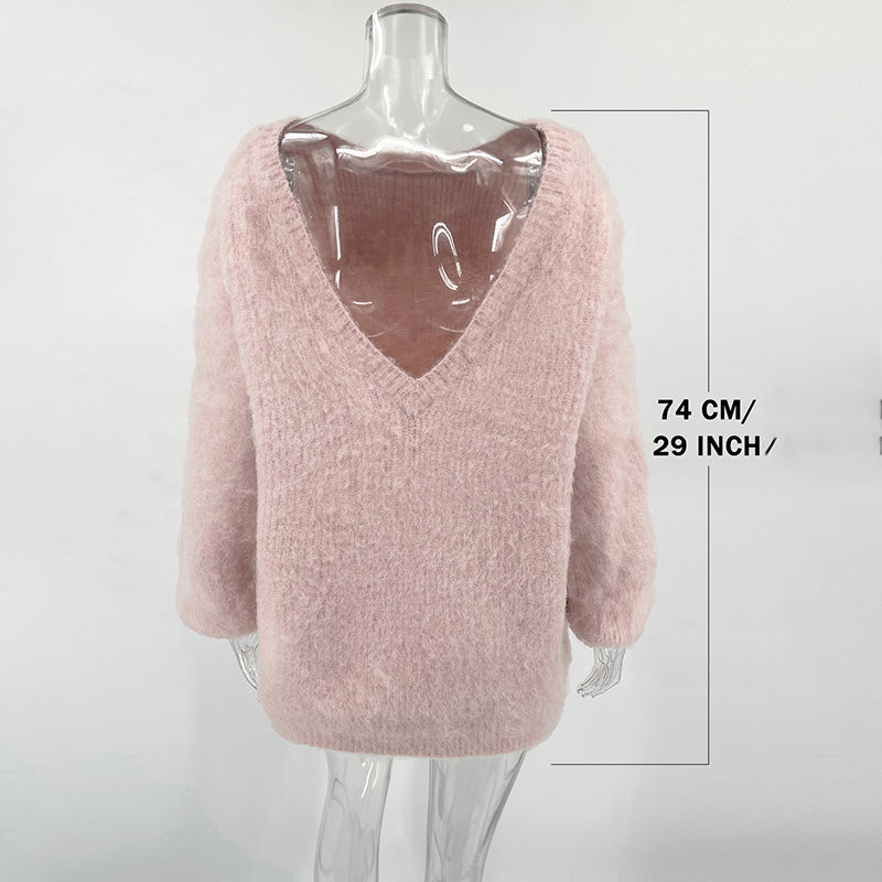 2025 Autumn Long Sleeve Sexy Big Backless Knitted Sweater Dress For Women Fashion Solid Loose Sweater Pullover StreetwearChristmas Gifts