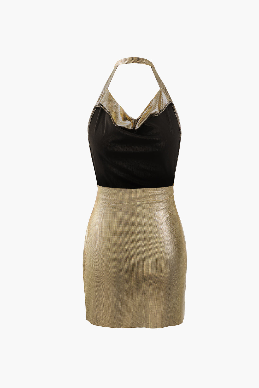 Metallic Halter Cowl Neck Backless Mini Dress