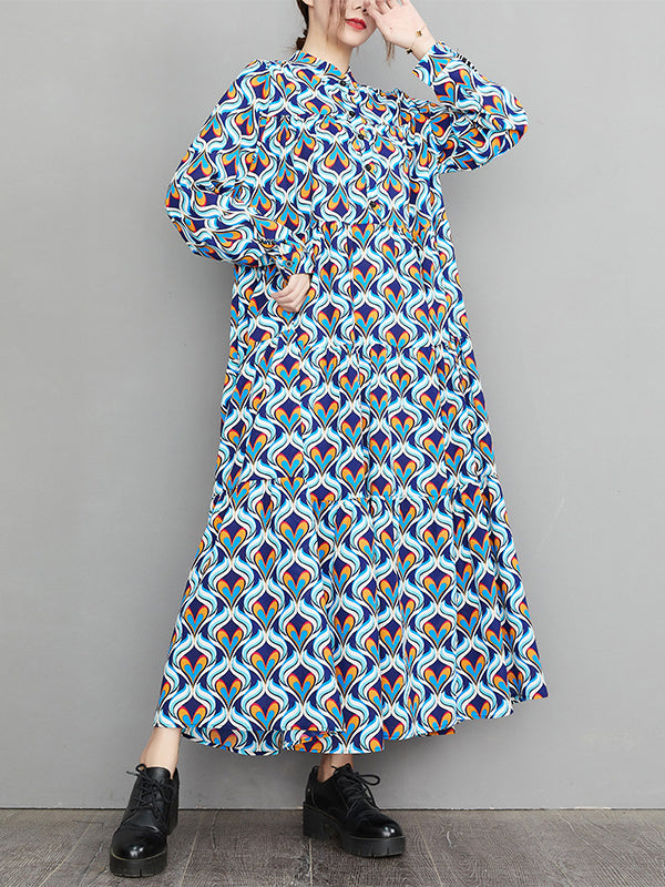 Vintage Long Sleeves Loose Buttoned Contrast Color Printed Stand Collar Midi Dresses