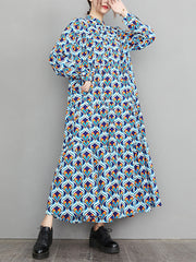 Vintage Long Sleeves Loose Buttoned Contrast Color Printed Stand Collar Midi Dresses