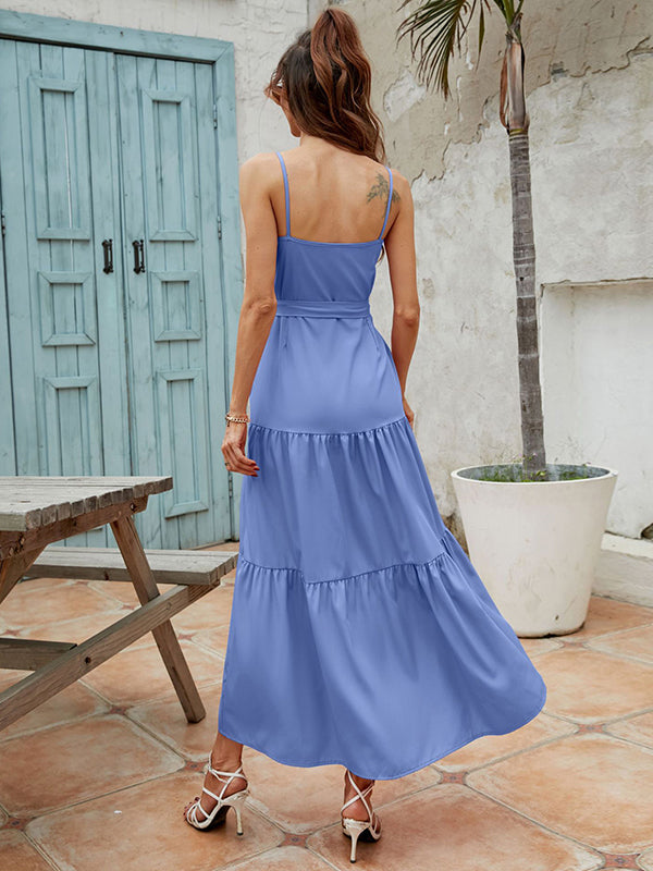 Bohemia High Waisted Solid Color U-Neck Dress