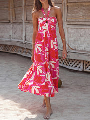 Hollow Printed Split-Joint A-line Loose Halter-Neck Midi Dresses