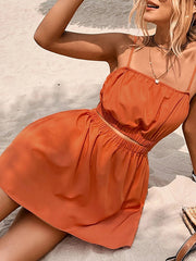 Elasticity Hollow Solid Color Split-Joint A-Line Loose Spaghetti-Neck Mini Dresses