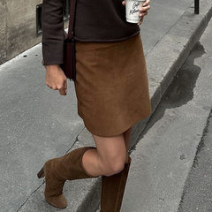 Braun Retro Rock Frauen Mode Schlank Hohe Taille Gerade Kurzen Rock Sommer Y2k Büro Dame Patchwork Solide Kurzen Rock 
