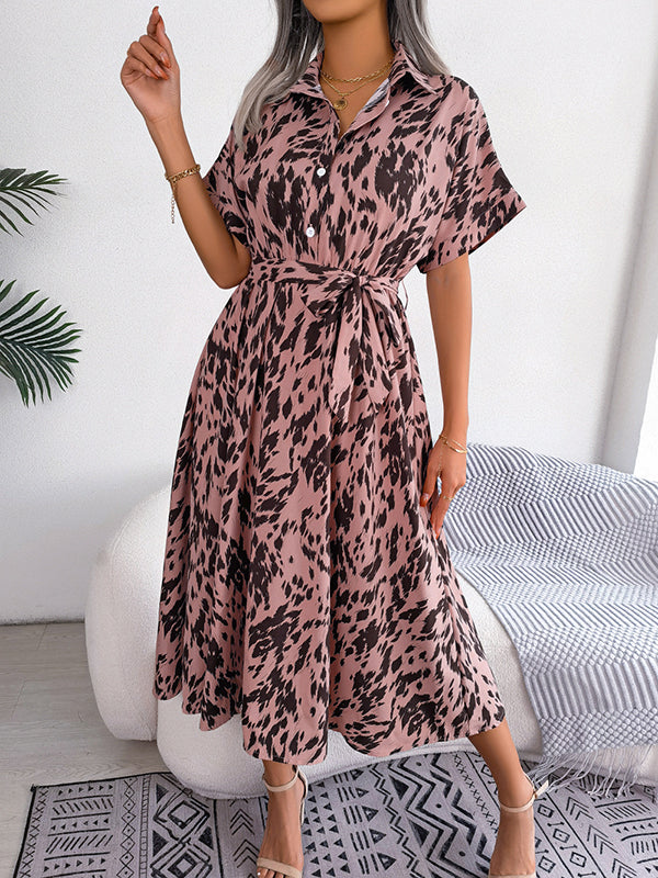 Loose Short Sleeves Leopard Ribbed Lapel Midi Dresses