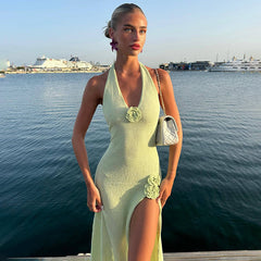 Deep V-Neck Backless Long Dress Sexy Women's Split Slip Knitted Dresses Elegant Sleeveless Beach Party Halter OutfitsChristmas Gifts
