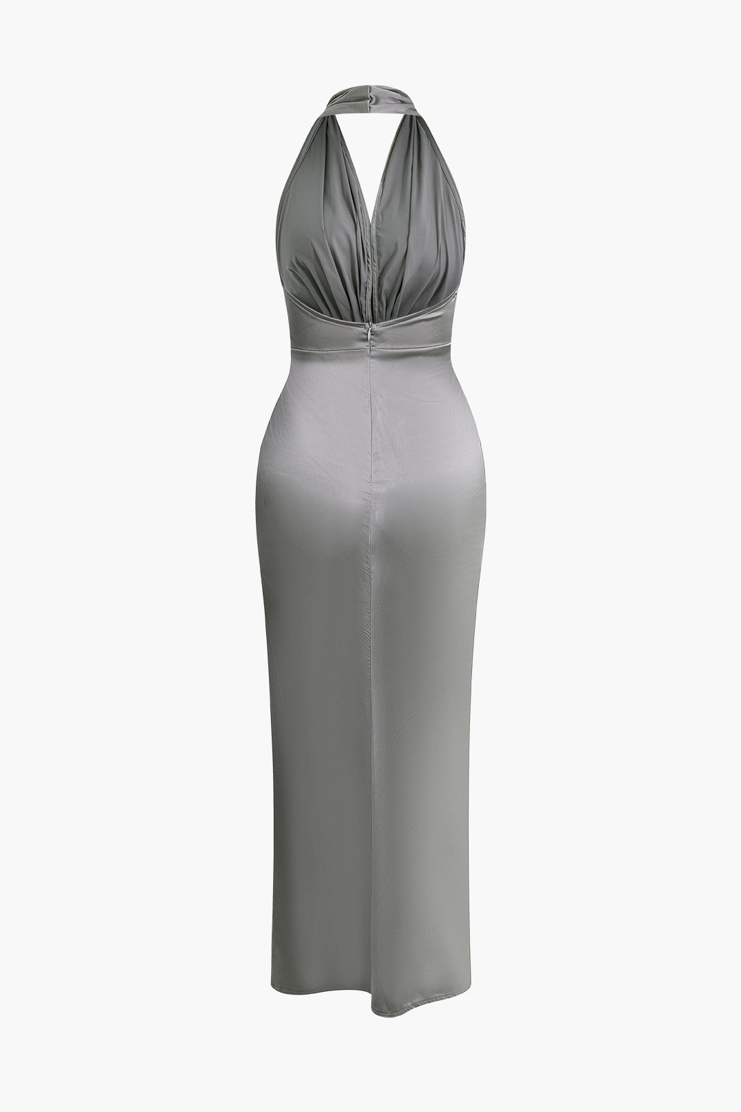 Rückenfreies Neckholder-Maxikleid aus Satin mit V-Ausschnitt und Rüschen und Schleife 