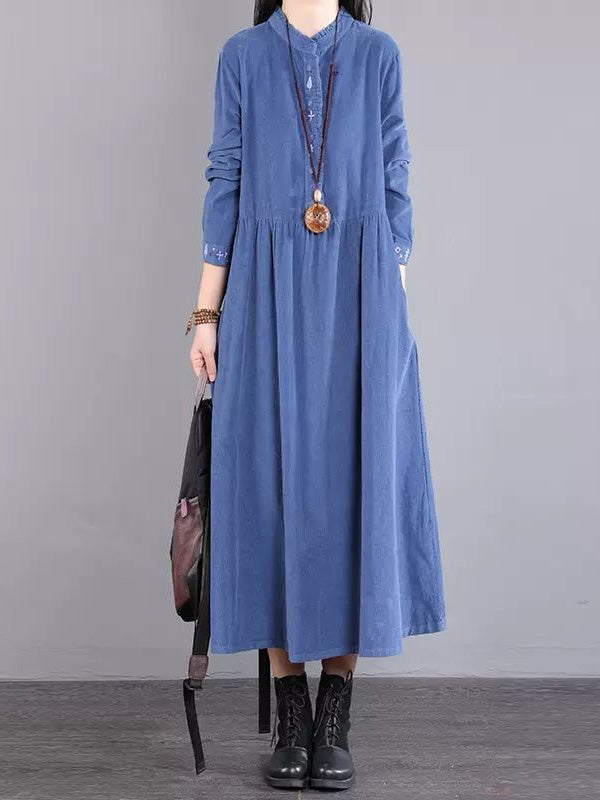 Vintage Corduroy Long Sleeves A-Line Embroidered Solid Round-Neck Midi Dresses