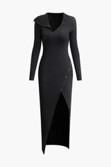 Asymmetric Rib Knit Button Long Sleeve Midi Dress