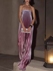 Elasticity Gradient Pleated A-Line Loose Tube Maxi Dresses Evening Dresses