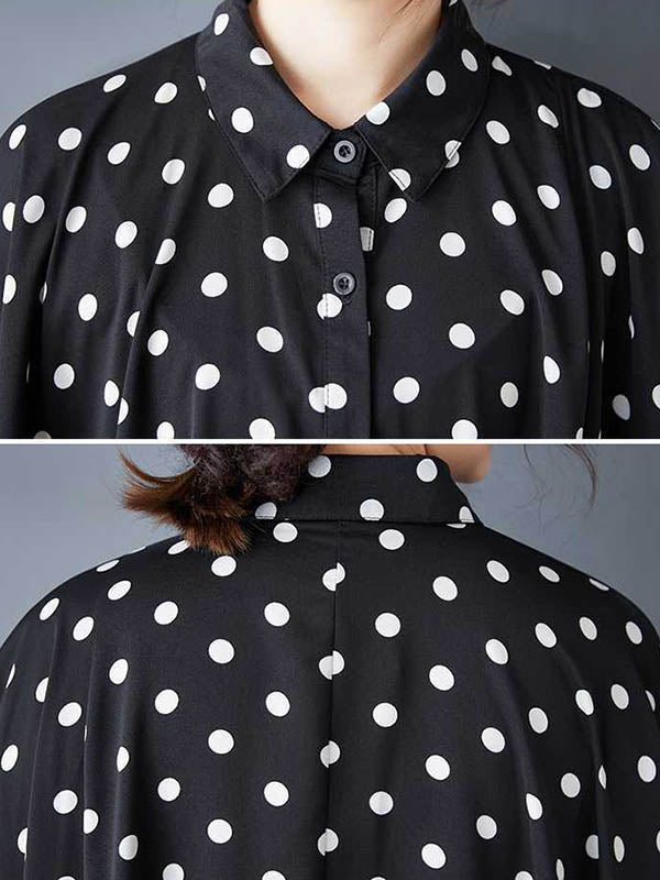 Asymmetric Buttoned Polka-Dot A-Line High-Low Lapel Shirt Dress Midi Dresses