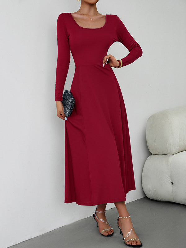 A-Line High Waisted Solid Color Tied Waist U-Neck Midi Dresses