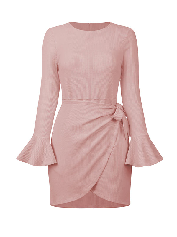 Simple Long Sleeves Skinny Tied Falbala Solid Color Round-Neck Mini Dresses