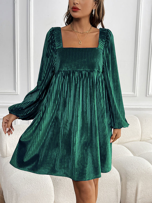 A-Line Long Sleeves Pleated Shiny Solid Color Tied Velvet Square-Neck Mini Dresses
