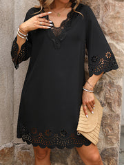 A-Line Half Sleeves Hollow Solid Color Split-Joint V-Neck Mini Dresses