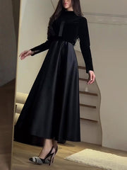 Pleated Split-Joint Zipper A-Line Long Sleeves Mock Neck Maxi Dresses