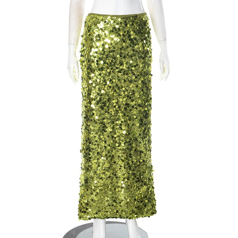 Fashion Shiny Skirt Women's Elegant Sequin Straight Skirt High Waist Sexy Splicing Street Y2k Long Skirt Female Outfits