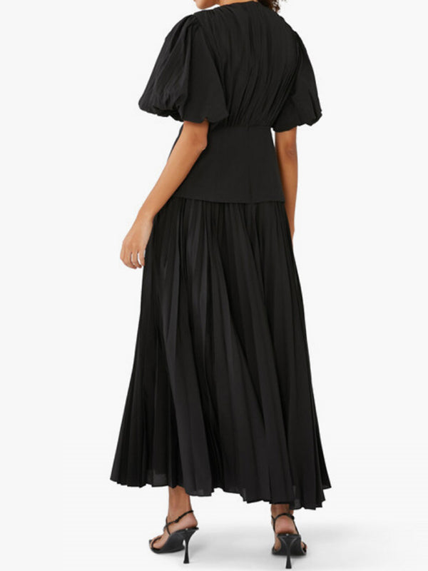 Solid Color Puff Sleeves Pleated High-Waisted Elegant Maxi Dresses