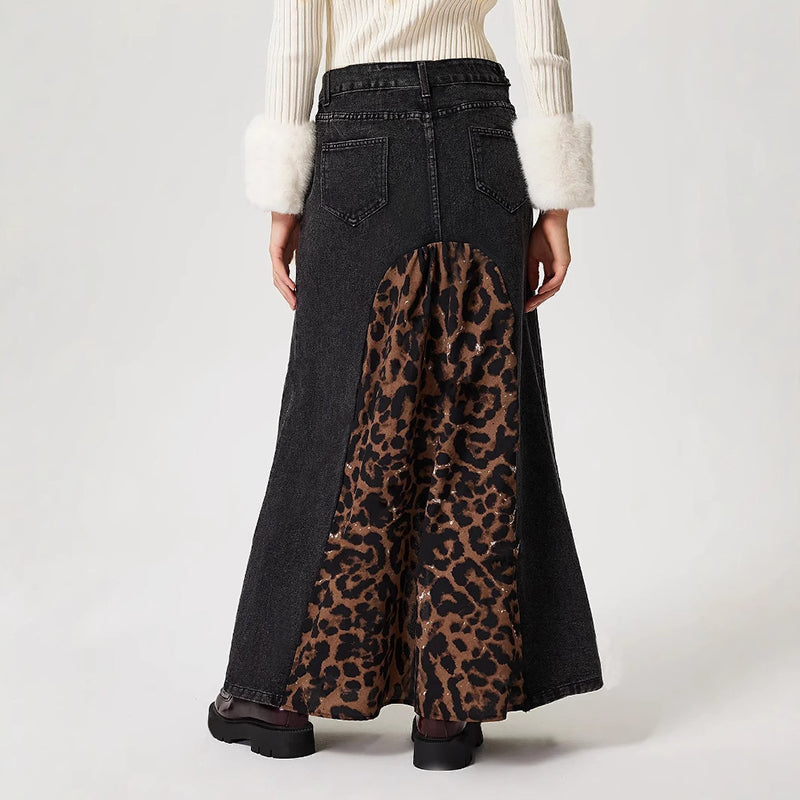 Leopard Splice Denim Rock Für Frauen Herbst Neue Streetwear Vielseitig Midi Rock Hohe Taille Slit Print Lady Fashion Rock 
